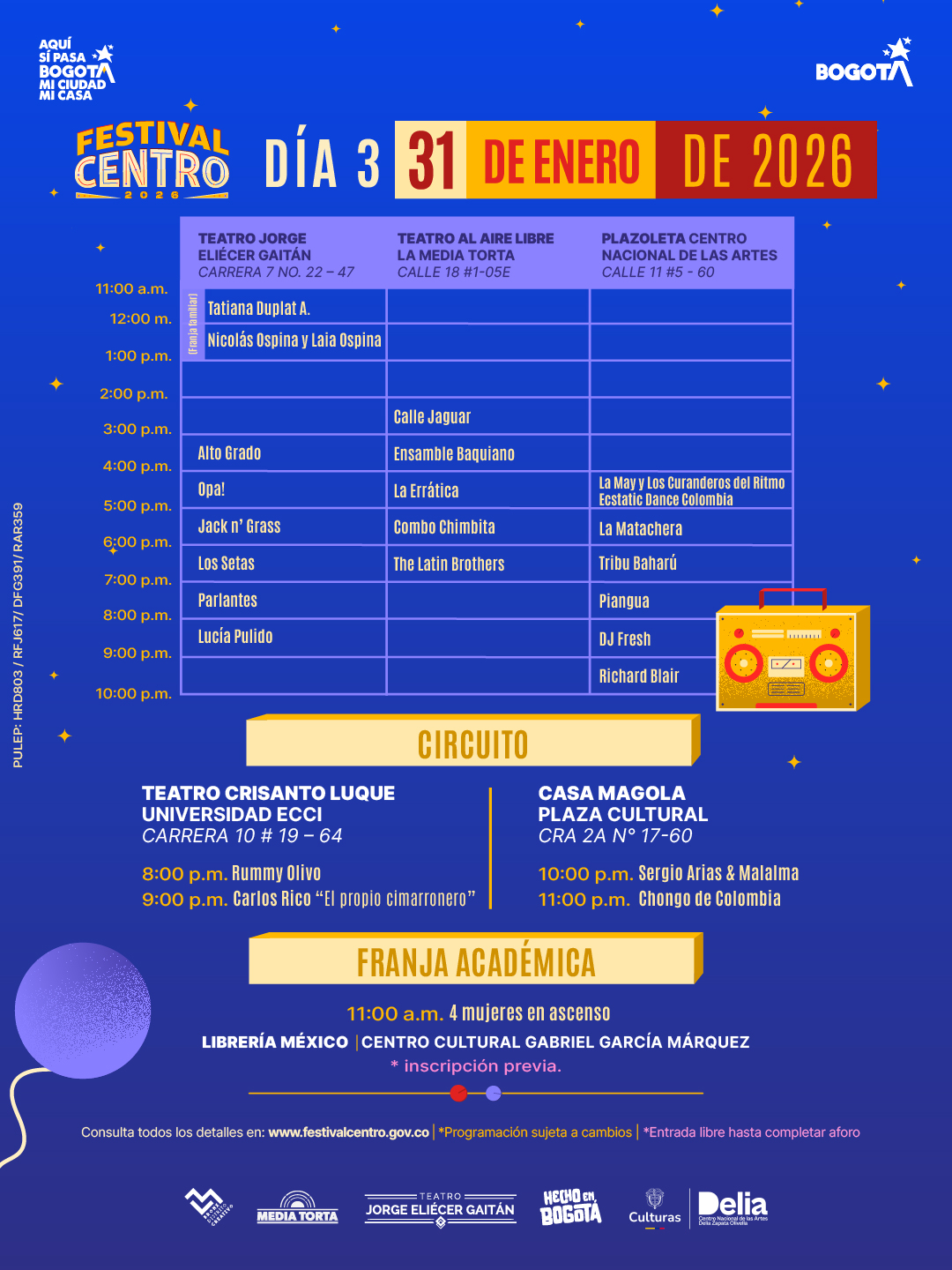 Festival Centro 2026 Programación 31 Enero